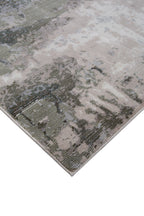 Distressed vintage rug with muted green, beige and grey abstract texture pattern
