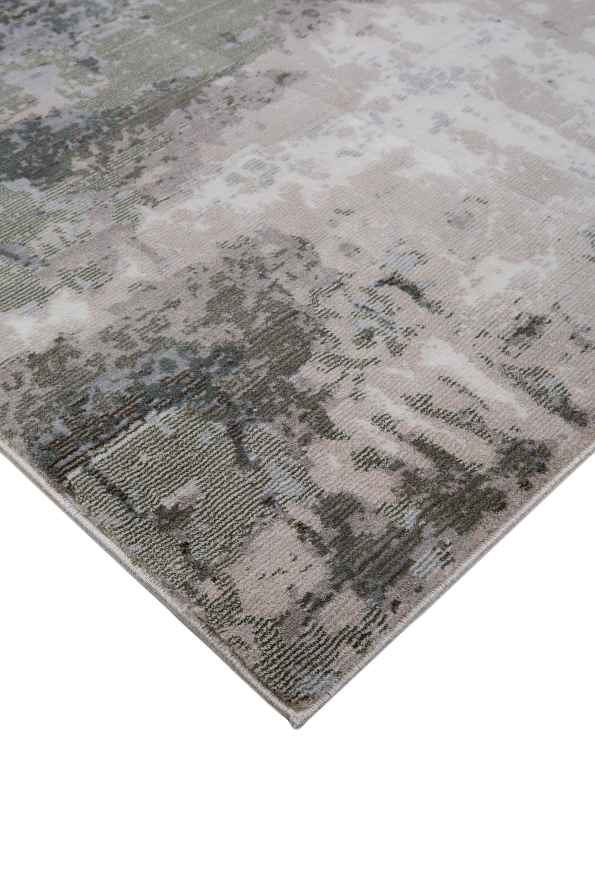 Distressed vintage rug with muted green, beige and grey abstract texture pattern