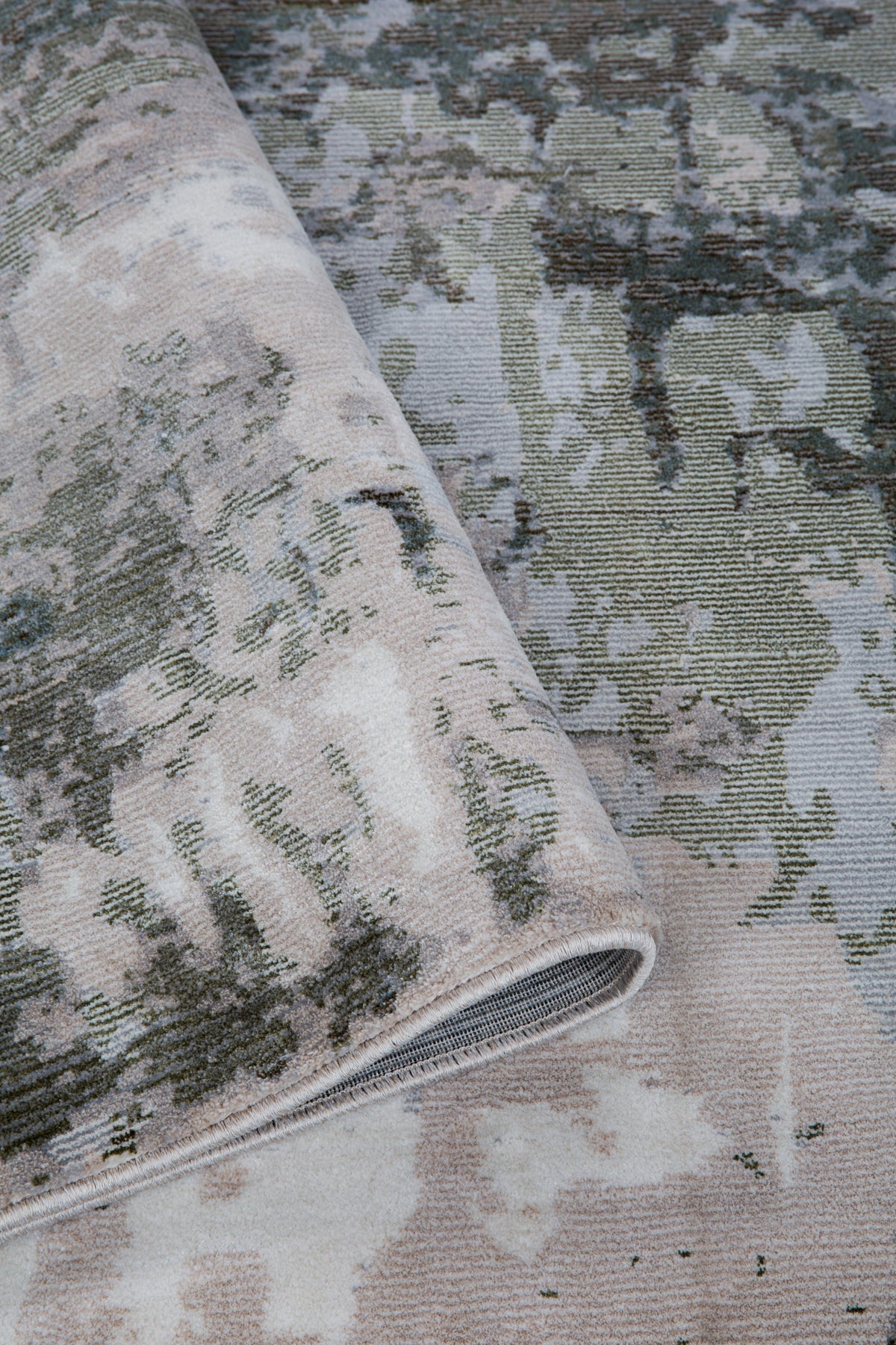Distressed vintage rug with muted green, beige and grey abstract texture pattern