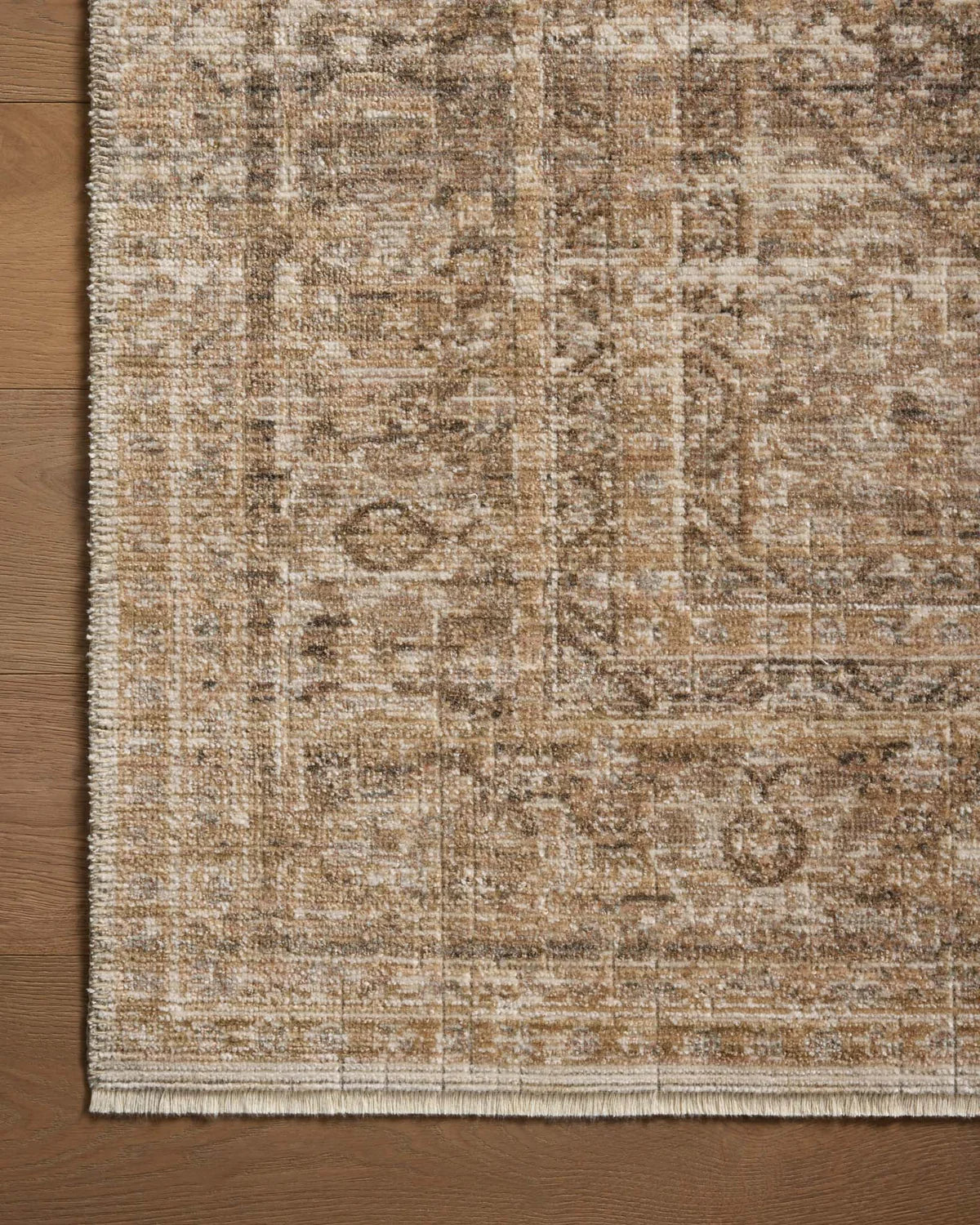 Beige traditional area rug with ornate border and distressed vintage pattern