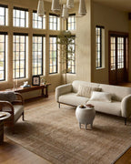 Beige traditional area rug with ornate border and distressed vintage pattern