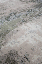 Distressed vintage rug with muted green, beige and grey abstract texture pattern