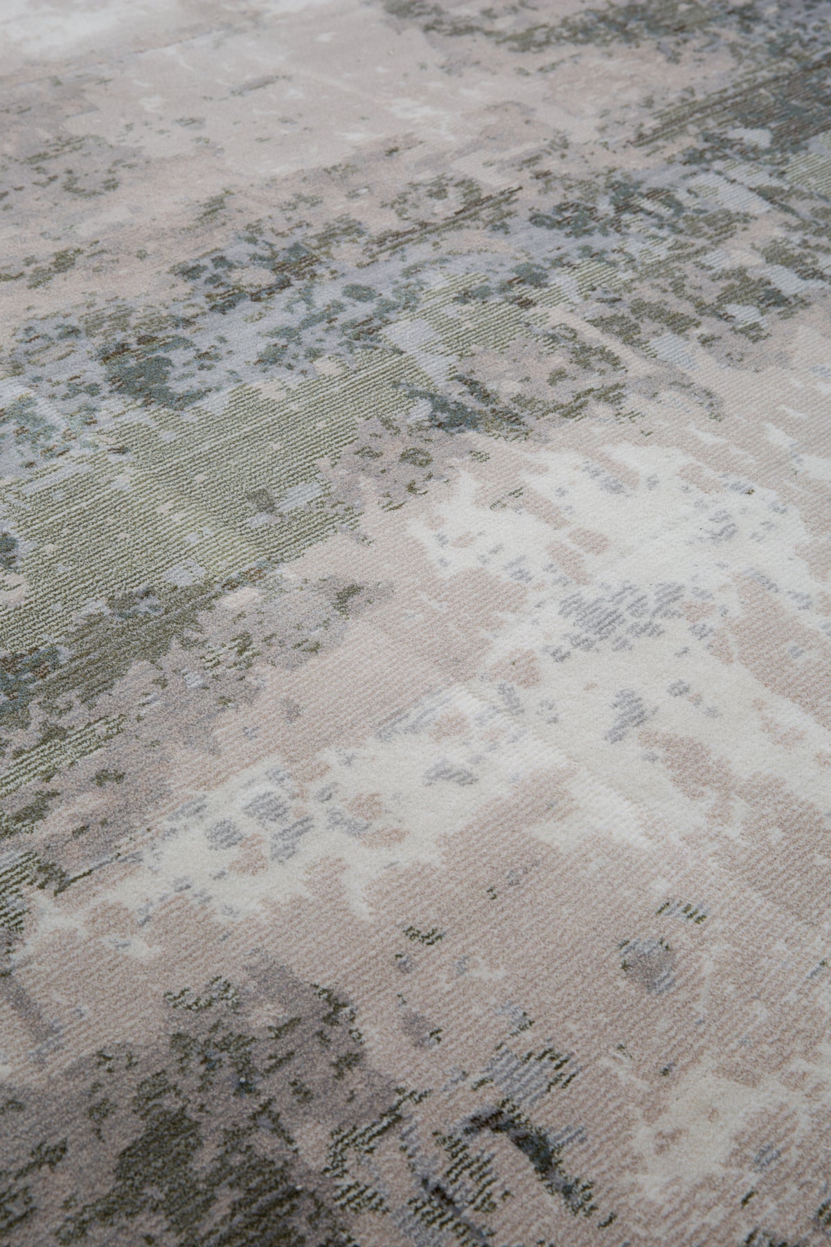 Distressed vintage rug with muted green, beige and grey abstract texture pattern