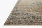 Vintage-style area rug with faded blue and beige geometric patterns throughout