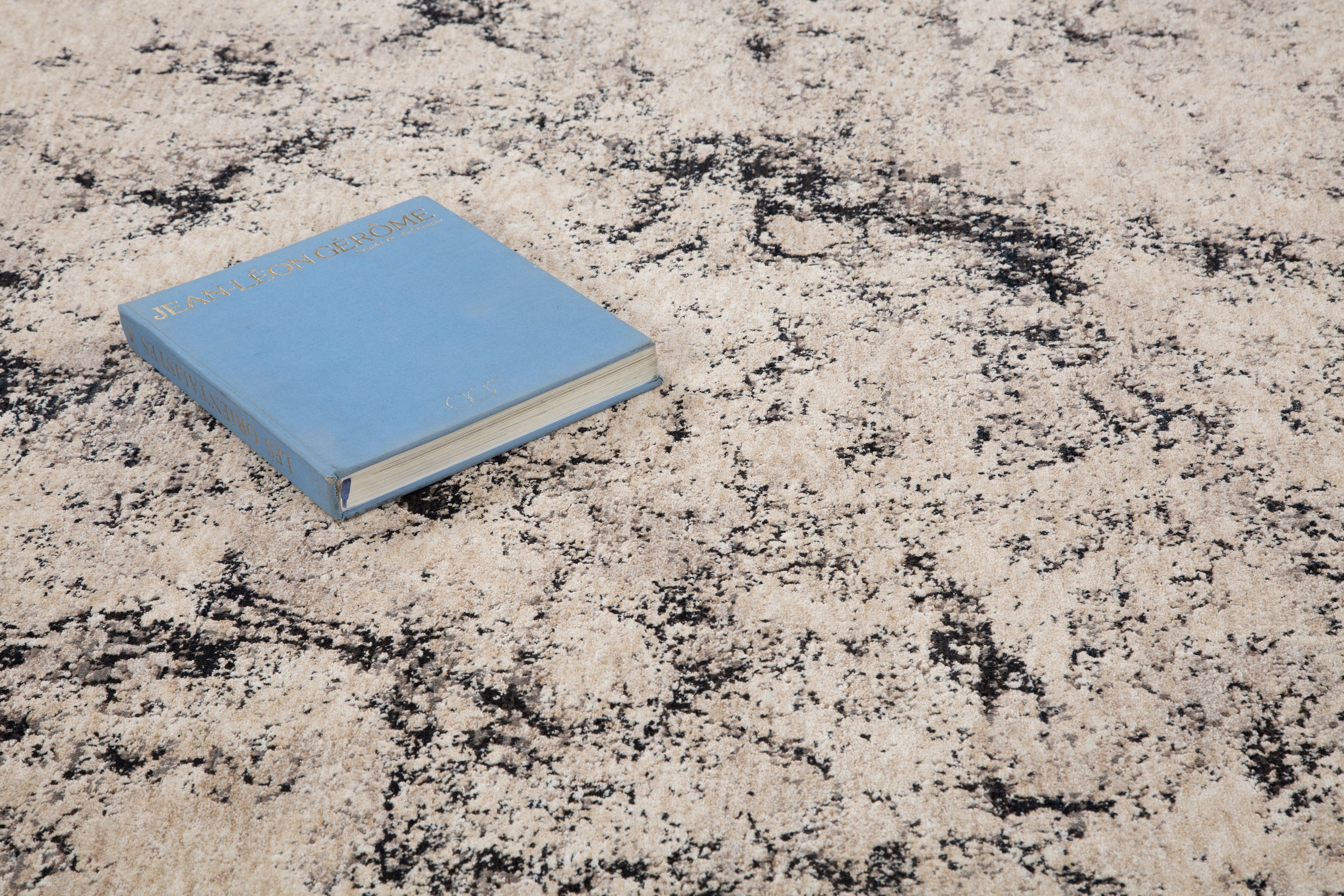 Modern distressed rug with black speckled pattern on cream background texture