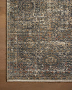 Vintage-style distressed rug with muted grey, tan, and rust tones throughout