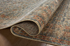 Vintage-style rug with intricate geometric patterns in blue, rust and cream tones
