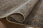 Vintage-style area rug with brown and blue tones, intricate floral pattern and distressed finish