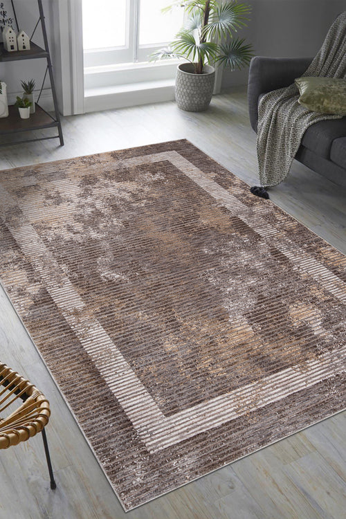 Modern geometric striped rug in grey, taupe and cream tones with distressed texture
