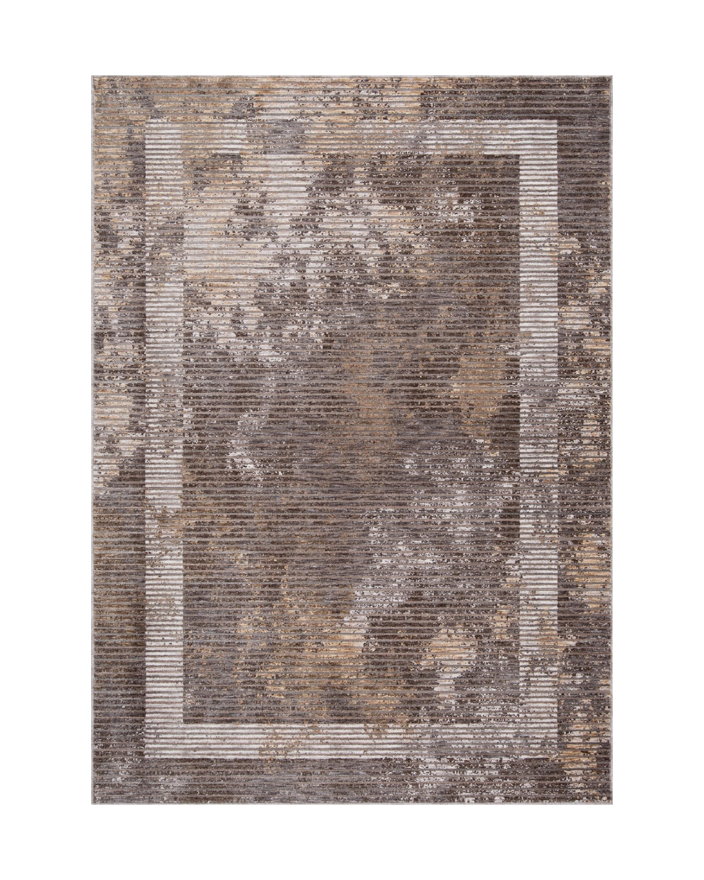 Modern geometric striped rug in grey, taupe and cream tones with distressed texture