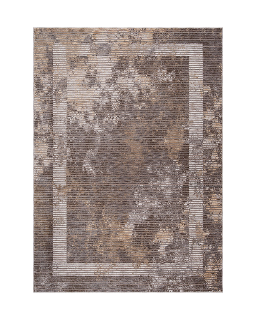 Modern geometric striped rug in grey, taupe and cream tones with distressed texture