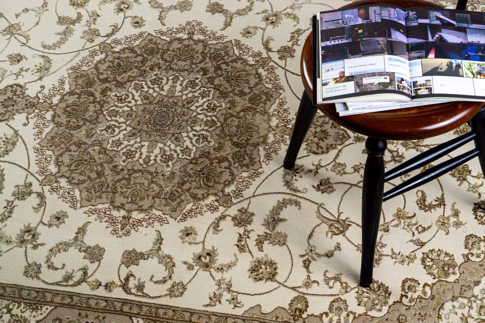 Vintage-style beige and brown medallion rug with ornate floral border pattern