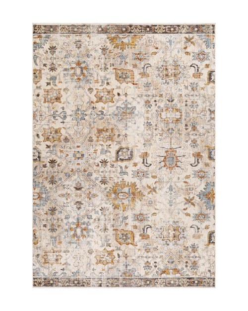 Vintage-style rug with intricate geometric patterns in cream, gold and blue tones