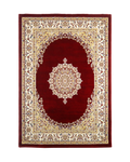 Burgundy traditional rug with ornate gold and cream floral medallion pattern