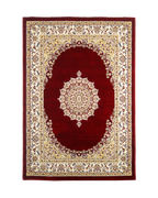 Burgundy traditional rug with ornate gold and cream floral medallion pattern