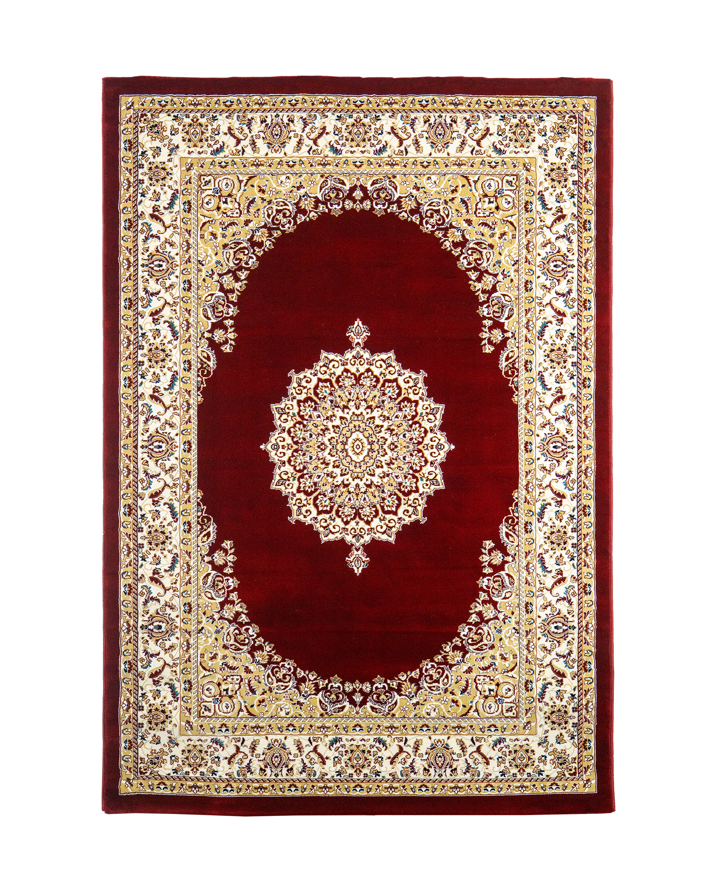 Burgundy traditional rug with ornate gold and cream floral medallion pattern