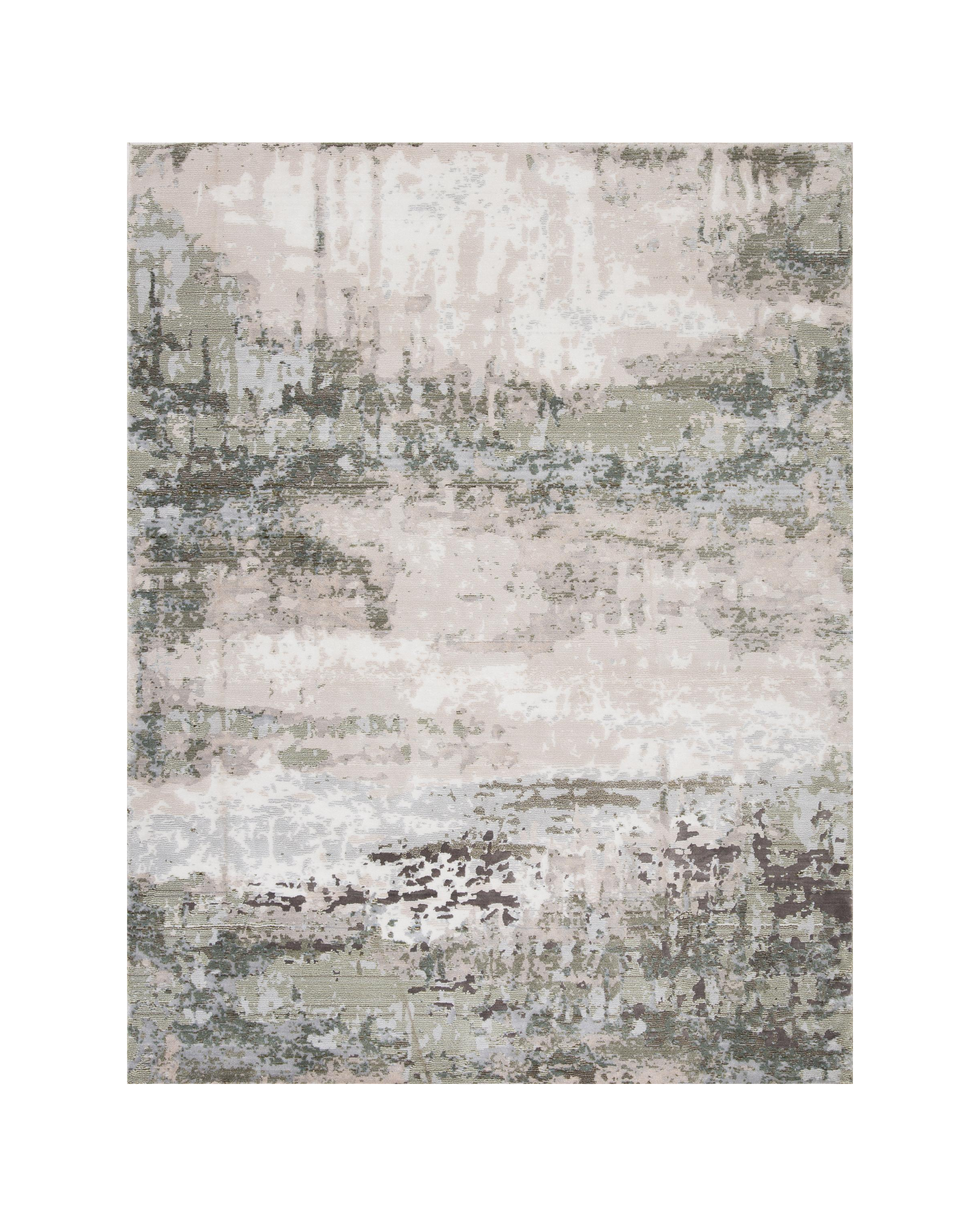 Distressed vintage rug with muted green, beige and grey abstract texture pattern