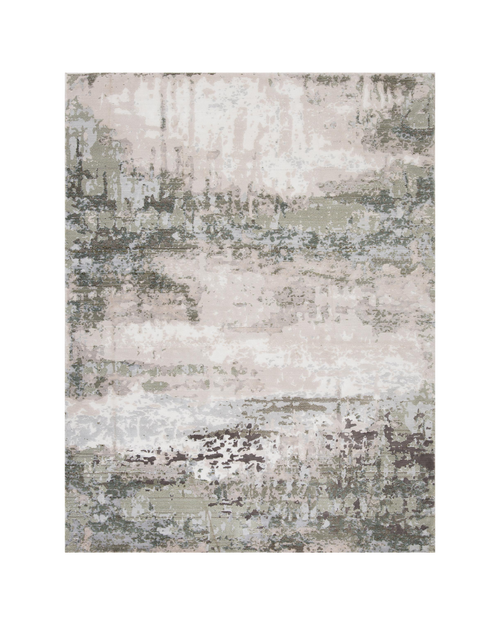 Distressed vintage rug with muted green, beige and grey abstract texture pattern