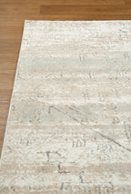 Vintage beige and grey distressed geometric patterned area rug with worn texture
