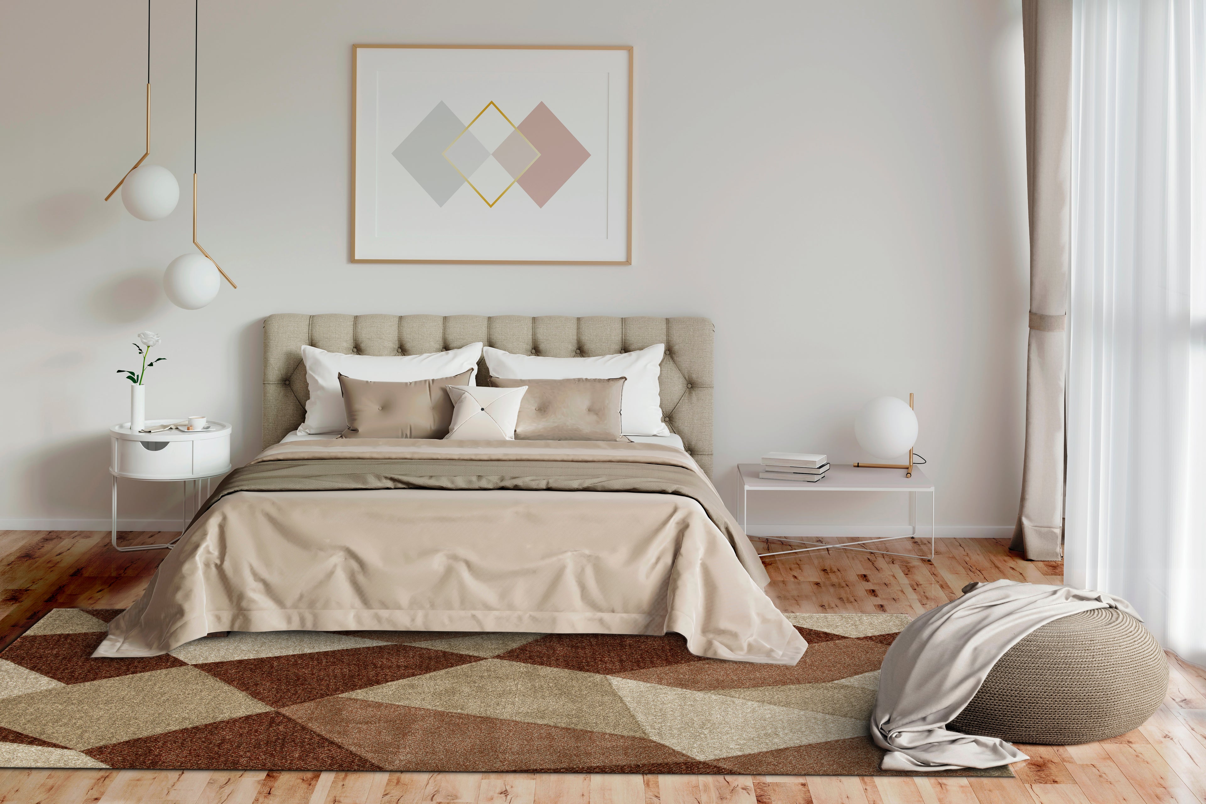 Brown and cream geometric diamond pattern area rug with textured weave
