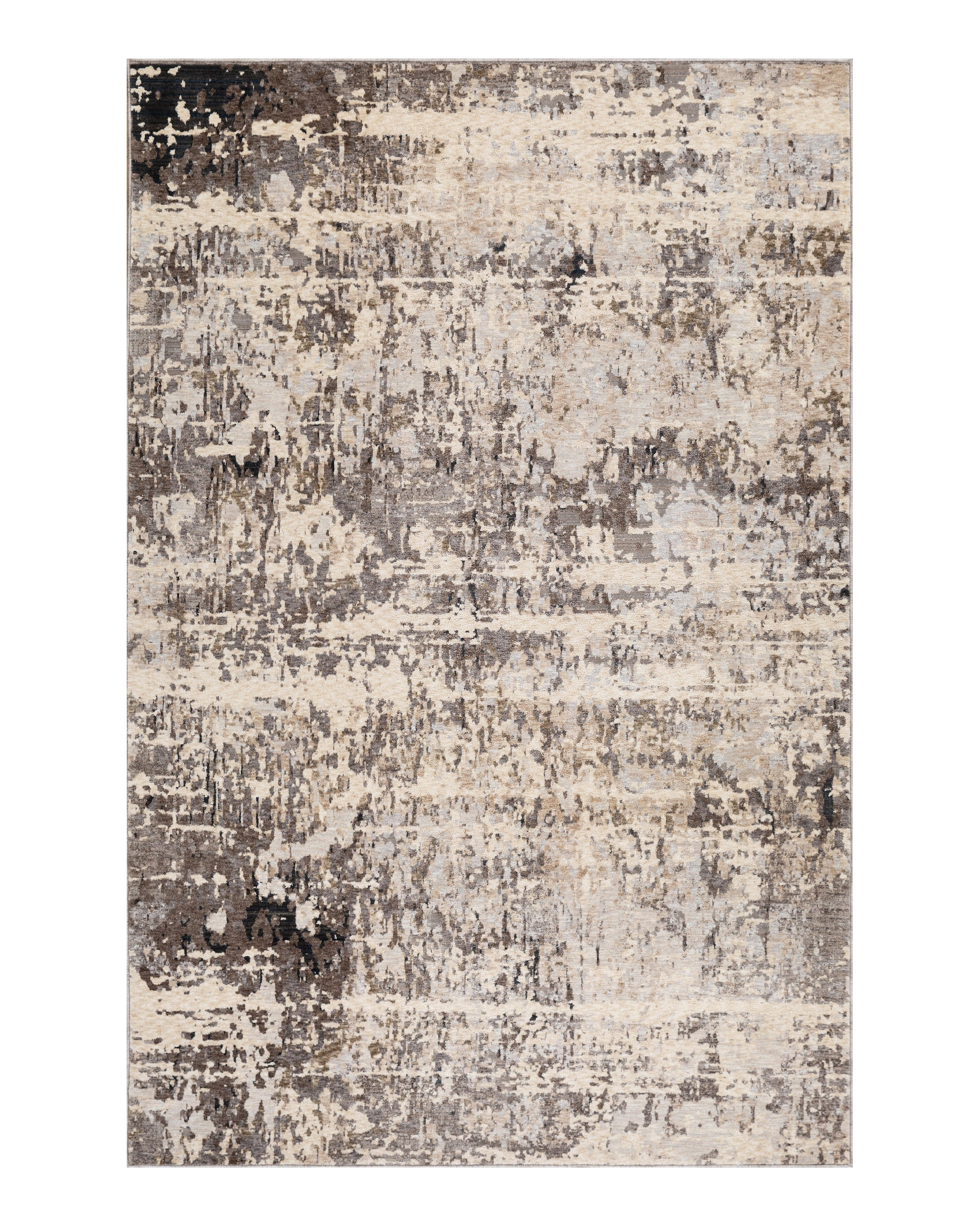 Modern distressed area rug with grey and cream abstract texture pattern