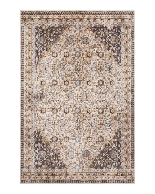 Neutral beige textured area rug with subtle striped pattern throughout