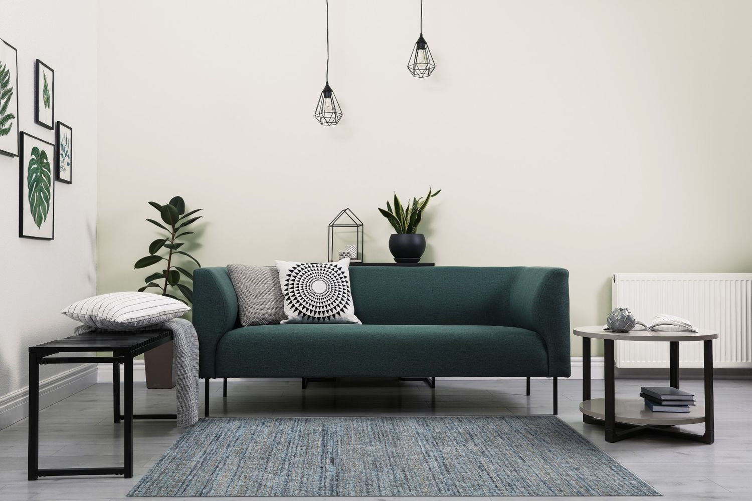 Grey and blue textured area rug with horizontal striped pattern