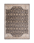 Charcoal and beige damask patterned rug with ornate floral motifs and border