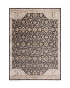 Charcoal and beige damask patterned rug with ornate floral motifs and border