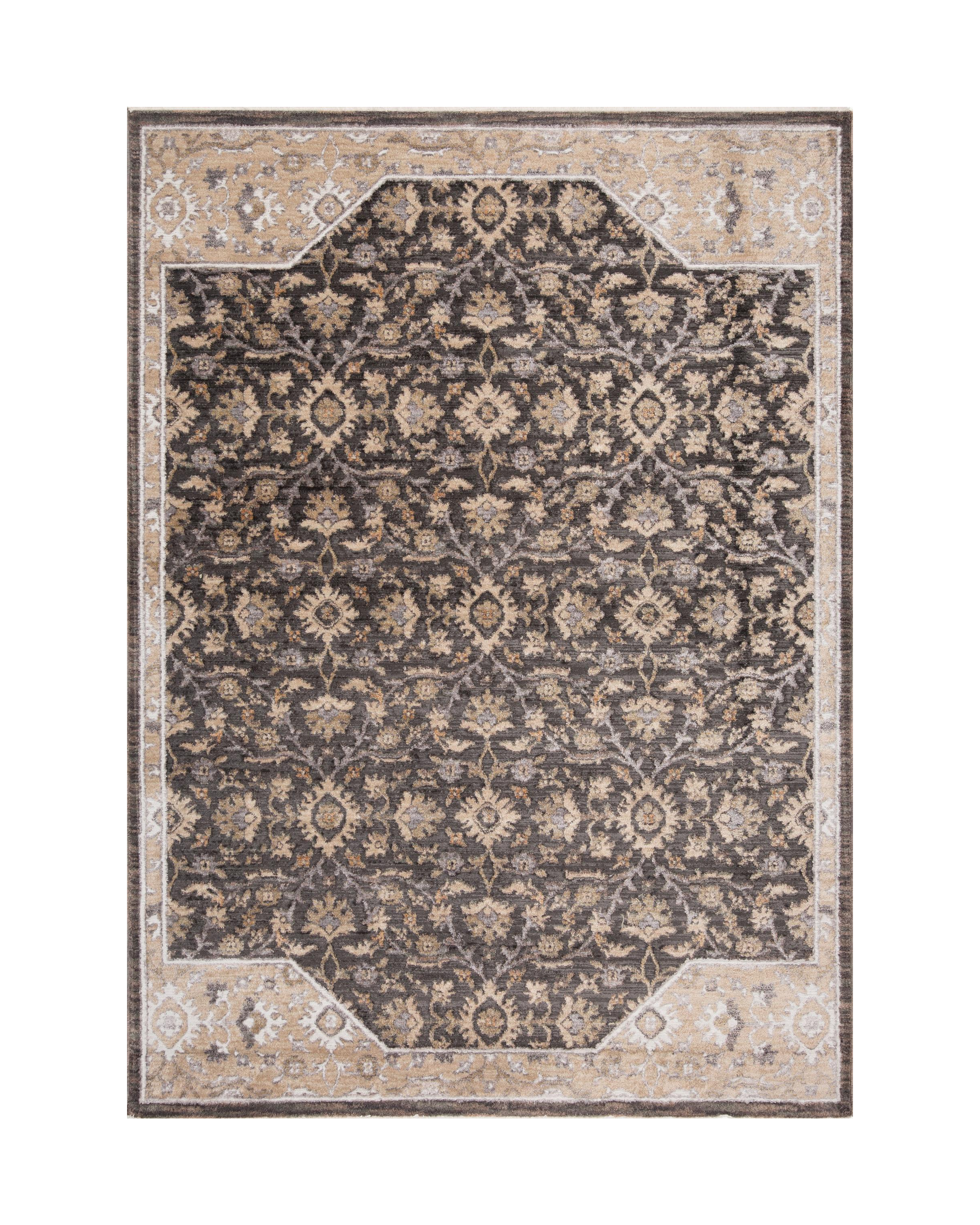 Charcoal and beige damask patterned rug with ornate floral motifs and border