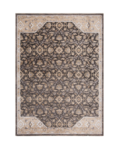 Charcoal and beige damask patterned rug with ornate floral motifs and border