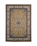 Traditional Persian rug with gold center, cream border and ornate floral medallion pattern