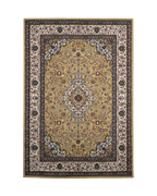 Traditional Persian rug with gold center, cream border and ornate floral medallion pattern