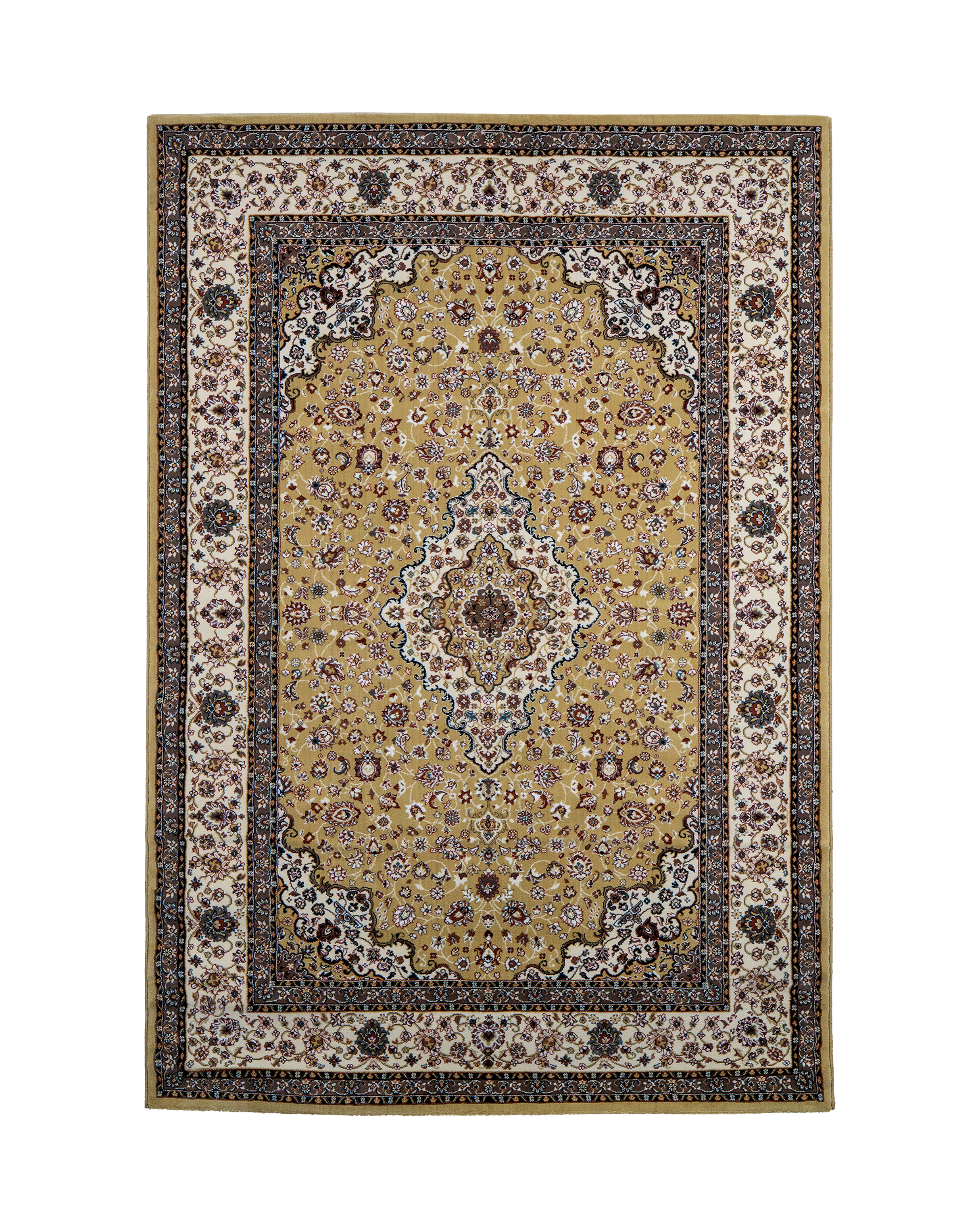 Traditional Persian rug with gold center, cream border and ornate floral medallion pattern