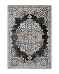 Ornate Persian-style rug with symmetrical medallion pattern in black, gray and cream tones