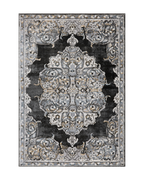 Ornate Persian-style rug with symmetrical medallion pattern in black, gray and cream tones