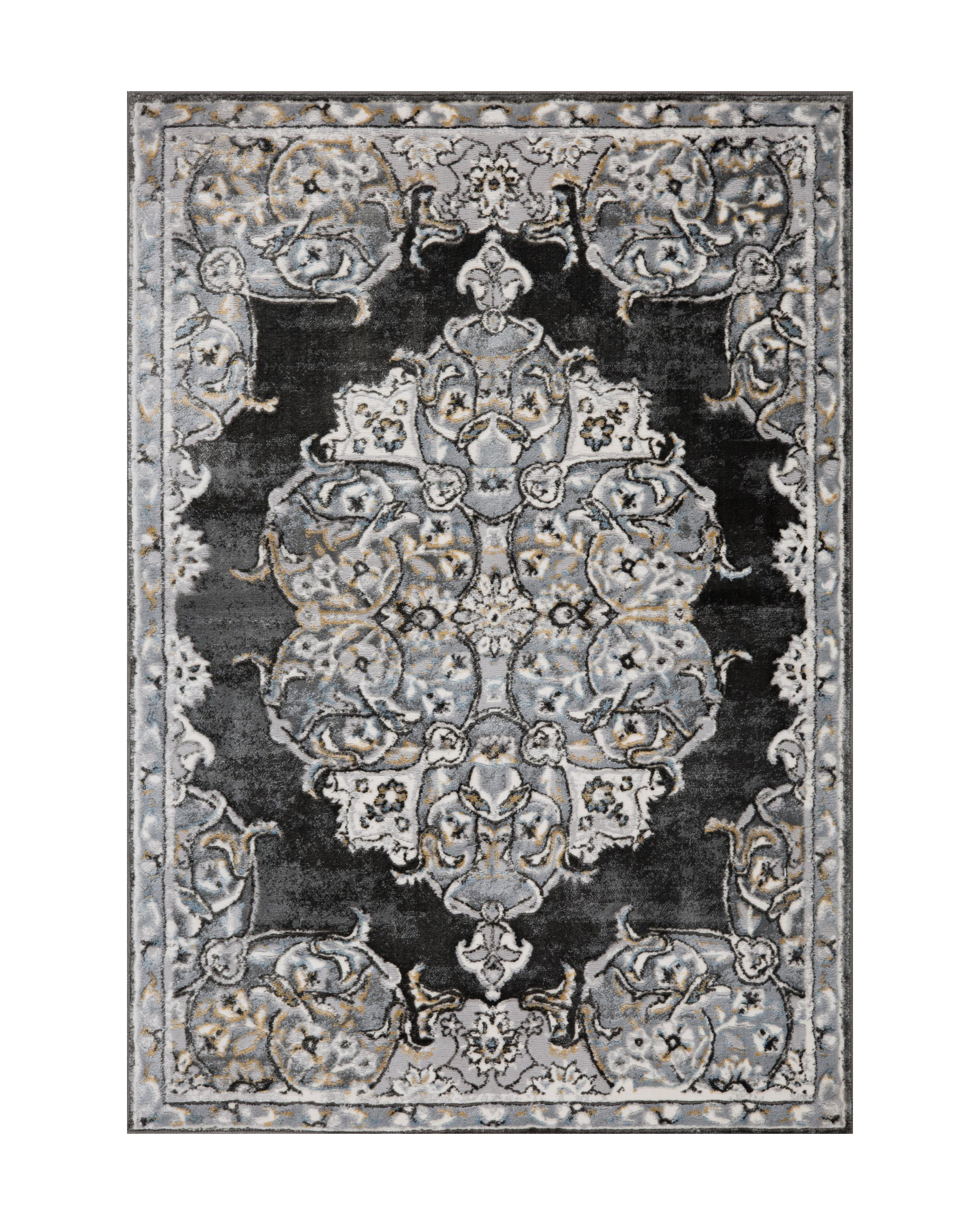 Ornate Persian-style rug with symmetrical medallion pattern in black, gray and cream tones