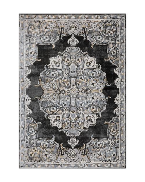 Ornate Persian-style rug with symmetrical medallion pattern in black, gray and cream tones
