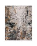 Abstract distressed rug with gold, gray, and black splatter pattern design