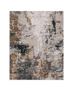 Abstract distressed rug with gold, gray, and black splatter pattern design