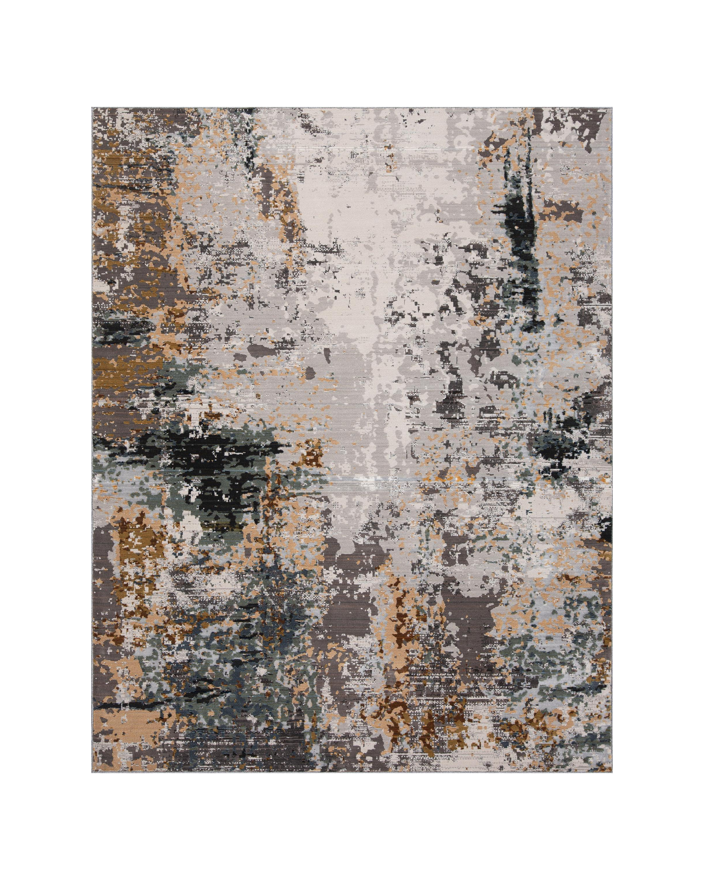 Abstract distressed rug with gold, gray, and black splatter pattern design