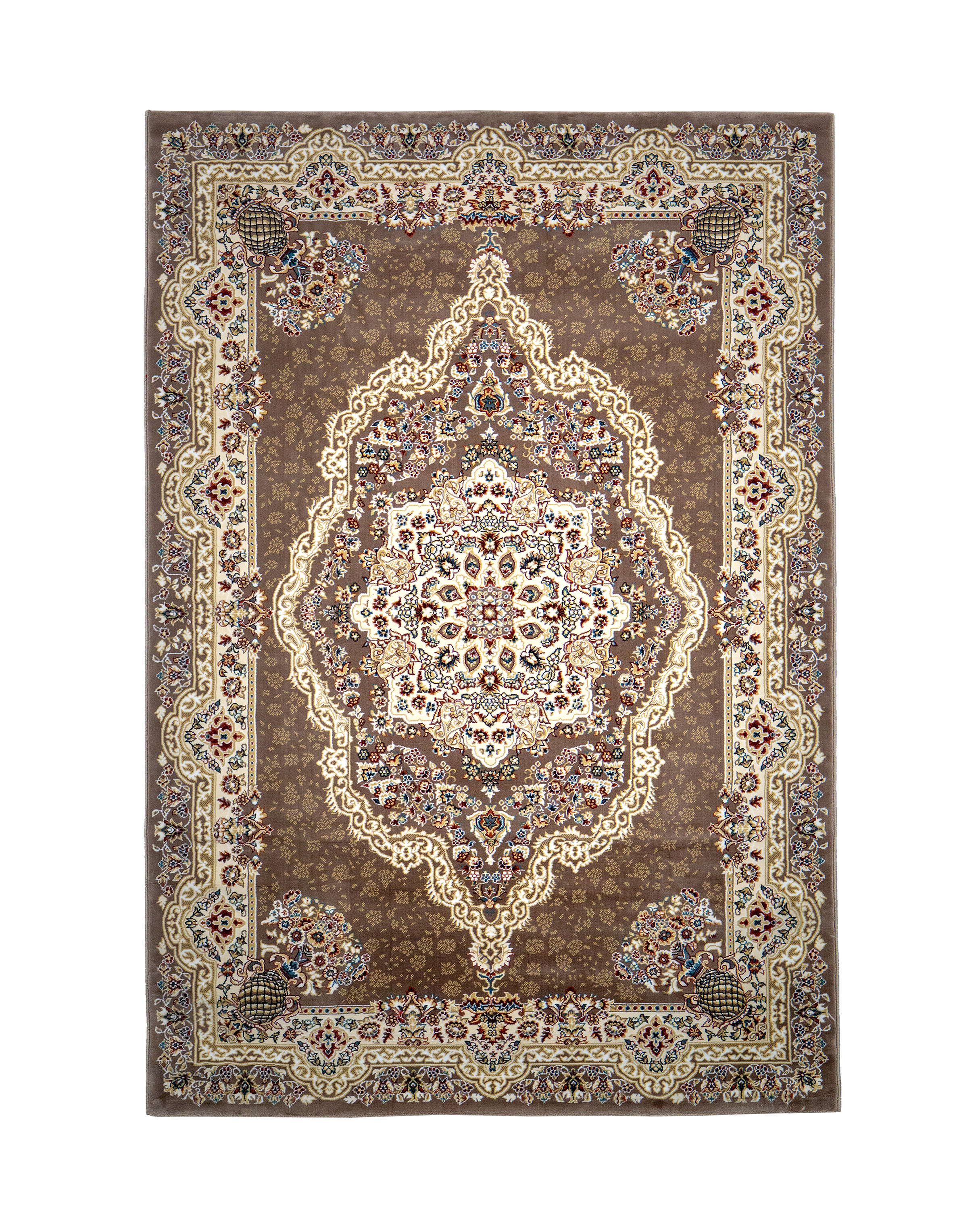 Brown traditional Persian rug with cream medallion and ornate floral borders