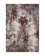 Modern distressed rug with brown, cream and blue abstract texture pattern