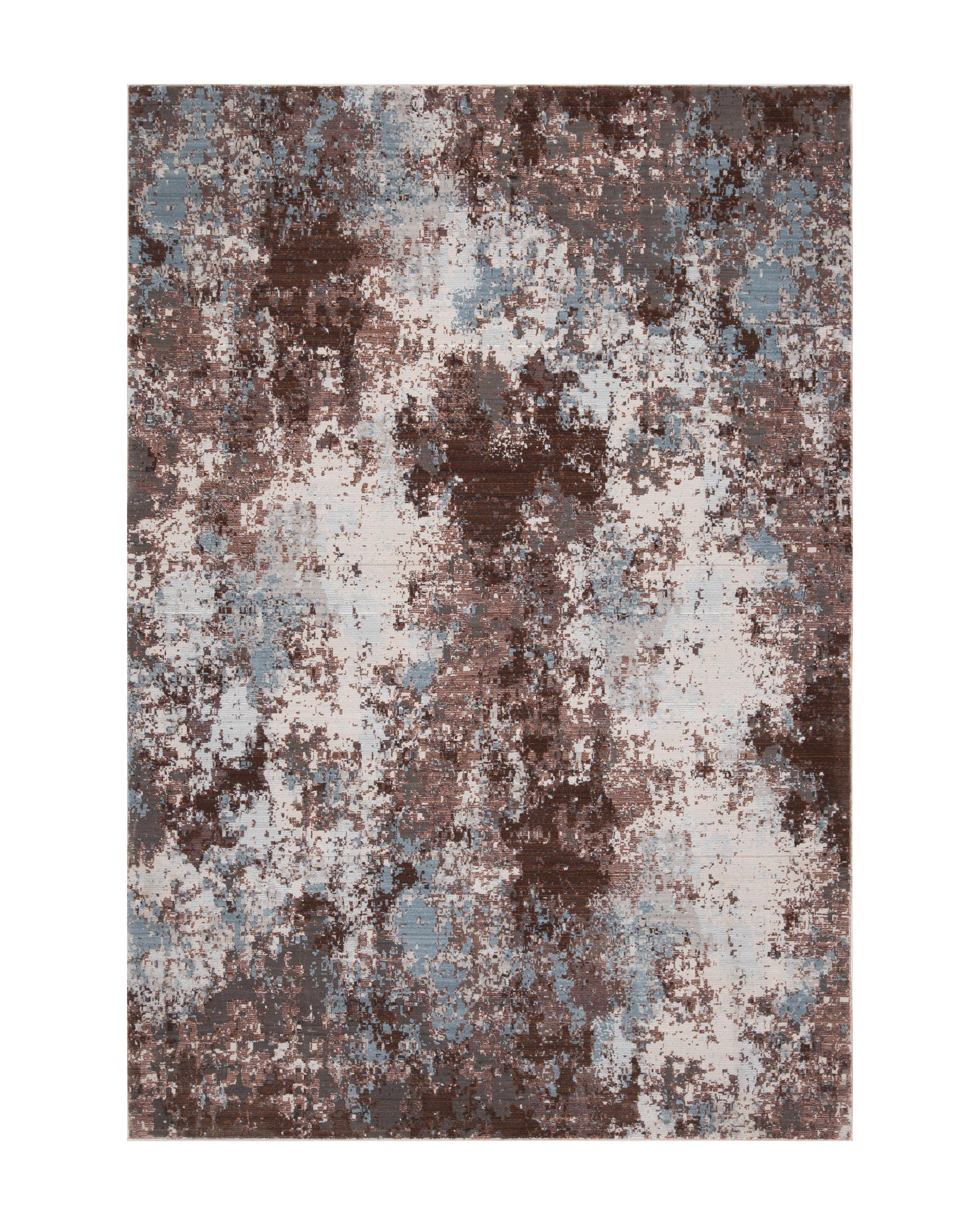 Modern distressed rug with brown, cream and blue abstract texture pattern