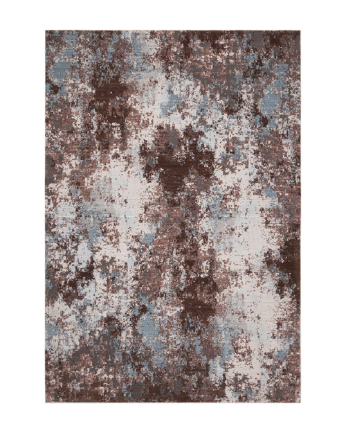 Modern distressed rug with brown, cream and blue abstract texture pattern
