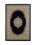 Black and gold traditional Persian style rug with ornate medallion pattern