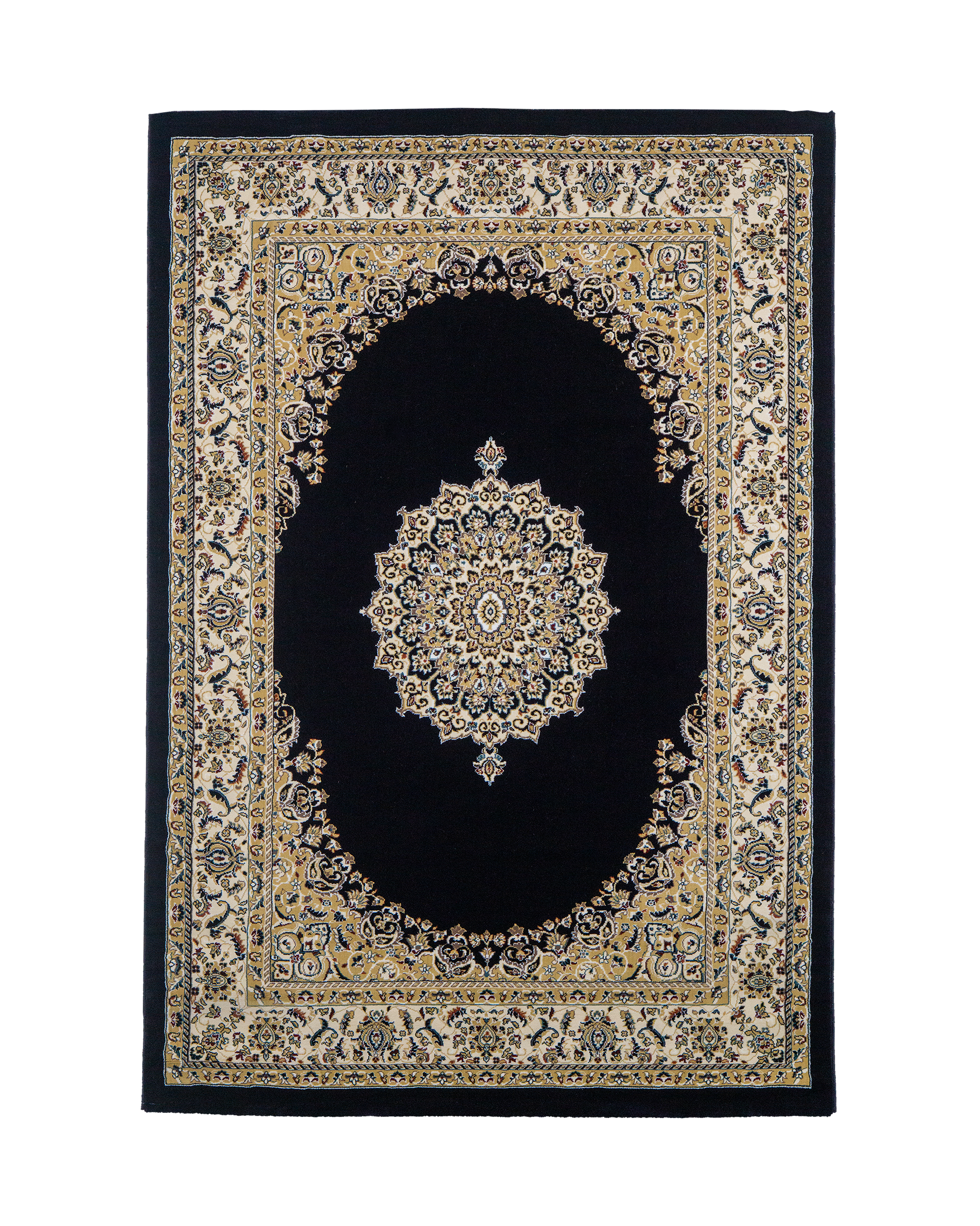Black and gold traditional Persian style rug with ornate medallion pattern