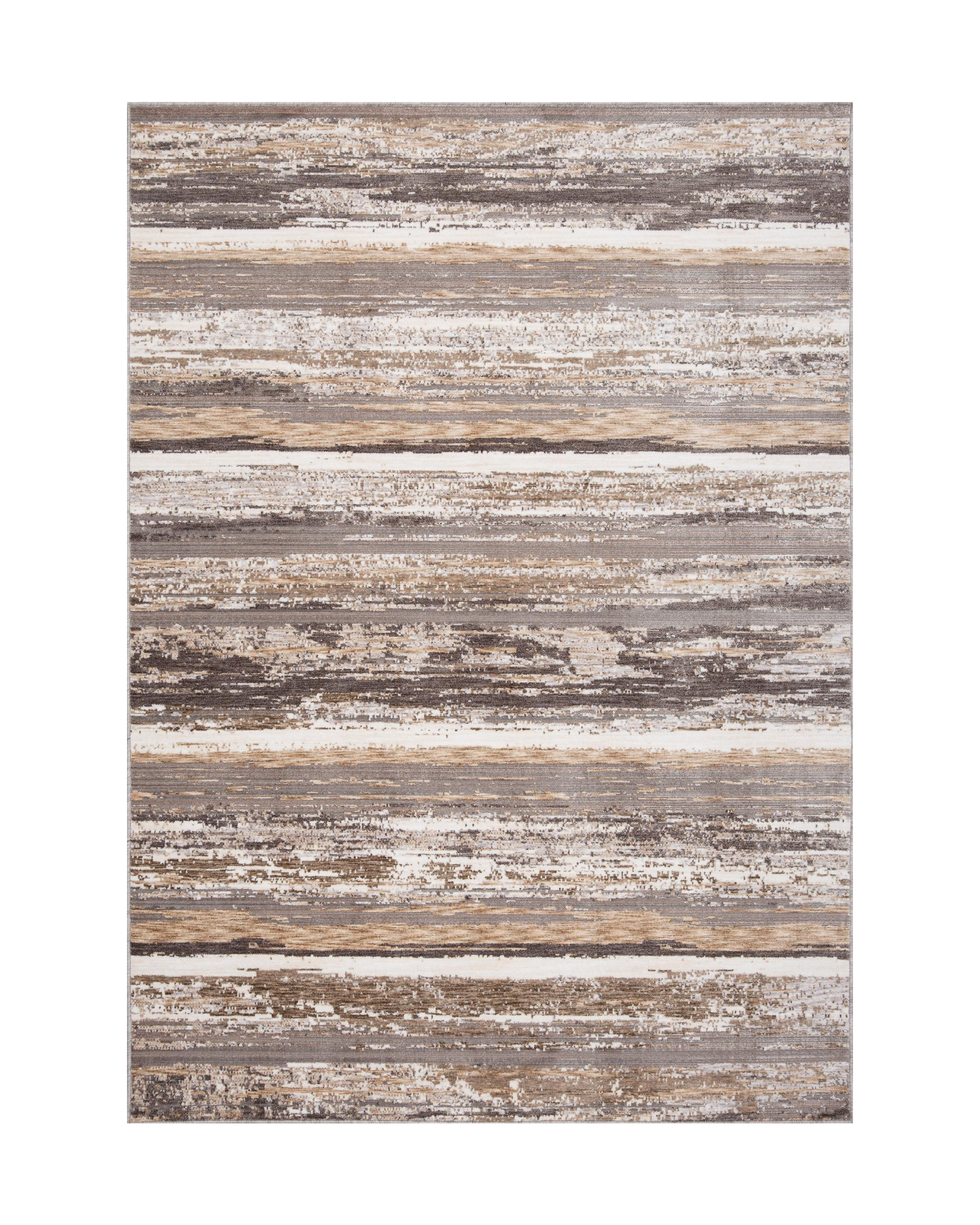 Distressed striped rug with weathered wood texture in brown and cream tones