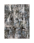 Abstract distressed rug with blue, grey and white textured pattern