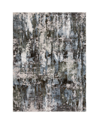 Abstract distressed rug with blue, grey and white textured pattern